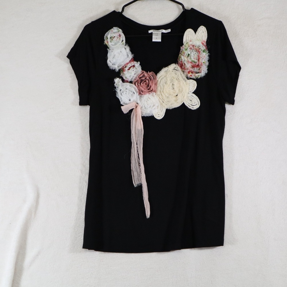 Feratelli Womens L Black Rayon Stretch Top Rosette Floral Applique Short Sleeve